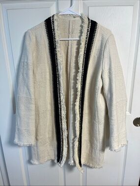 Chico’s Ivory Fringe Open Front Long Line Cardigan with Black Trim